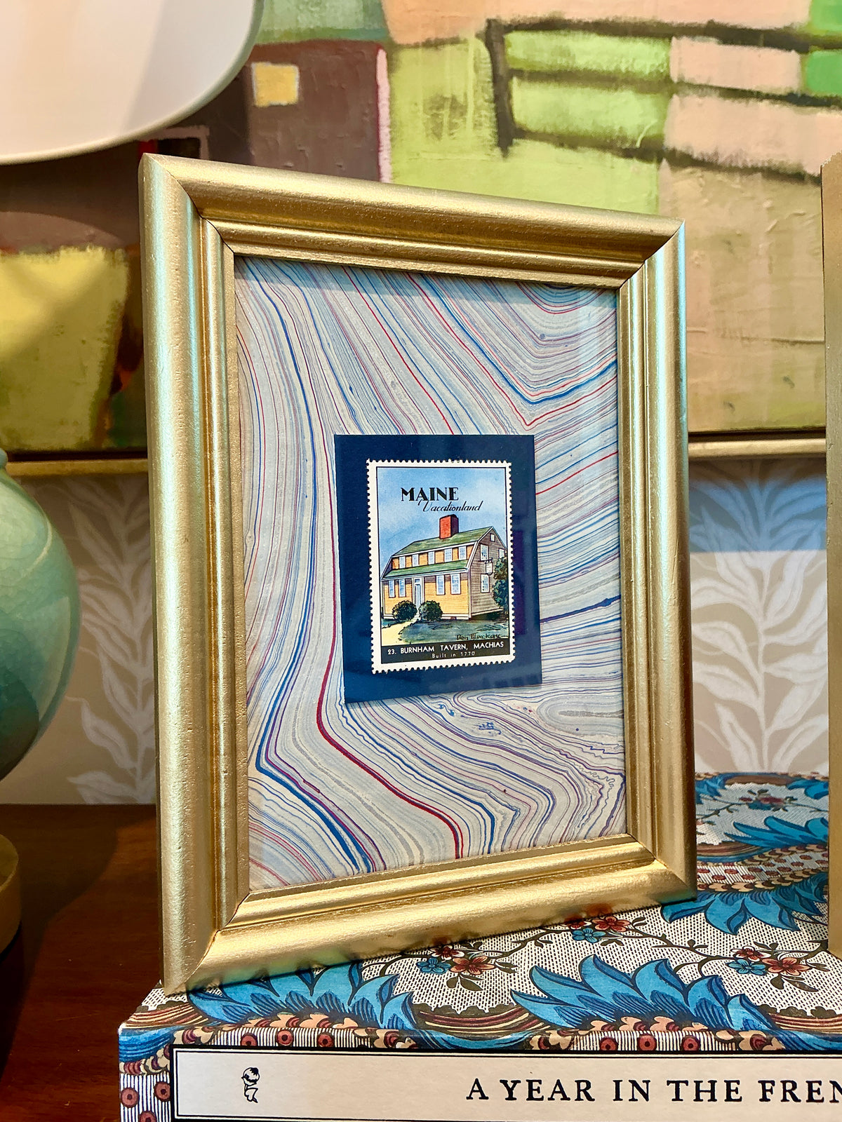 Set of Four 1940 Maine "Vacationland" Stamps on Blue Marbled Mounting in Gold Frames - Set A