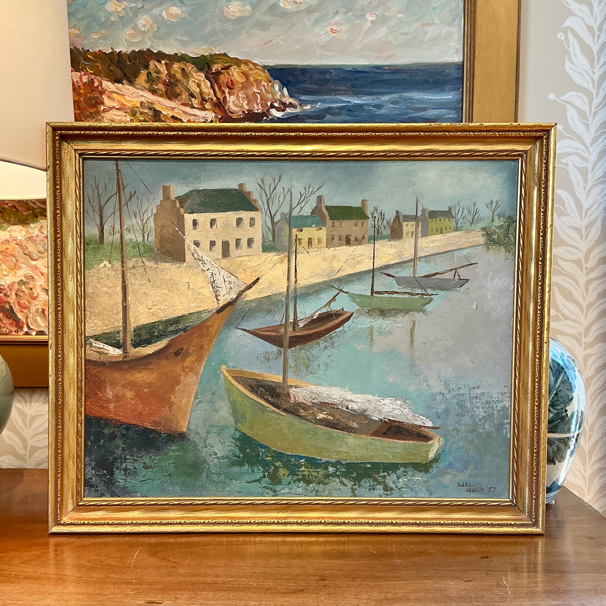 Lisl Beer 1953 Coastal Landscape with Boats Oil Painting in Gold Frame