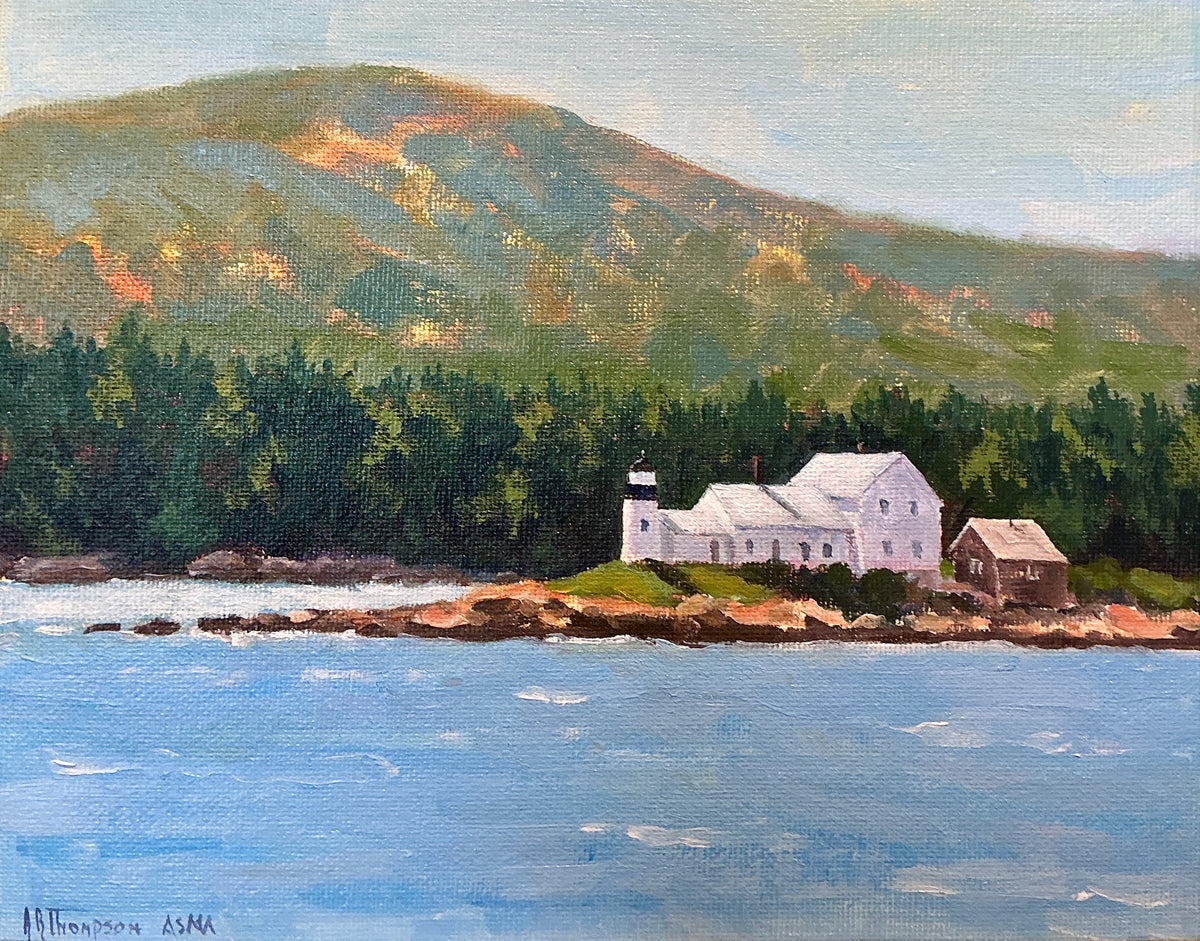 Anthony R. Thompson Winter Harbor Light Maine Coastal Landscape Oil Painting in Gold Frame