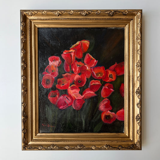 Anne Johnson Red Poppies Still Life Painting in Gold Frame