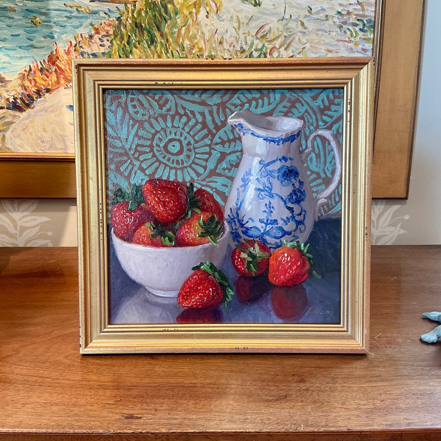 Youqing Wang Strawberries in White Bowl with Pitcher Still Life Oil Painting in Gold Frame