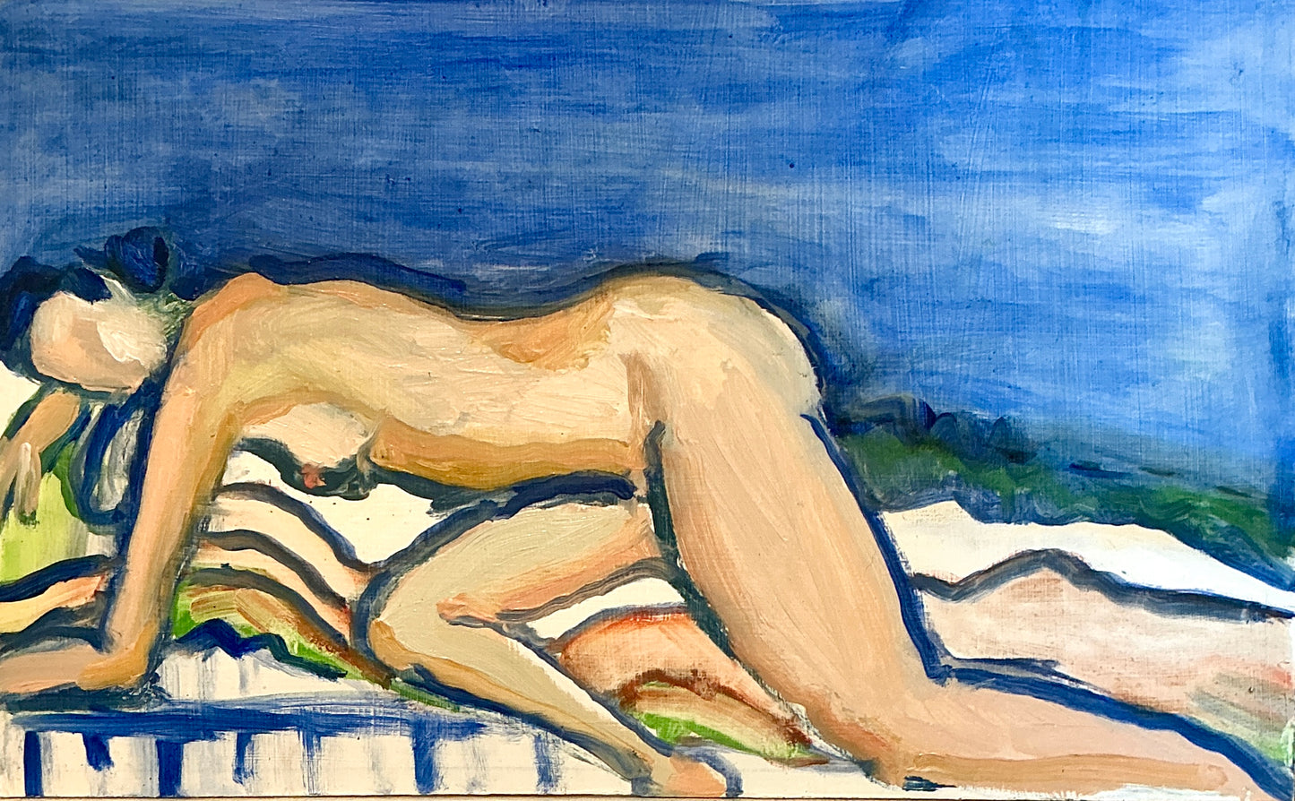 Gretchen McGinnis Summer Stripes in Blue Nude Portrait Oil Painting in White Wood Frame