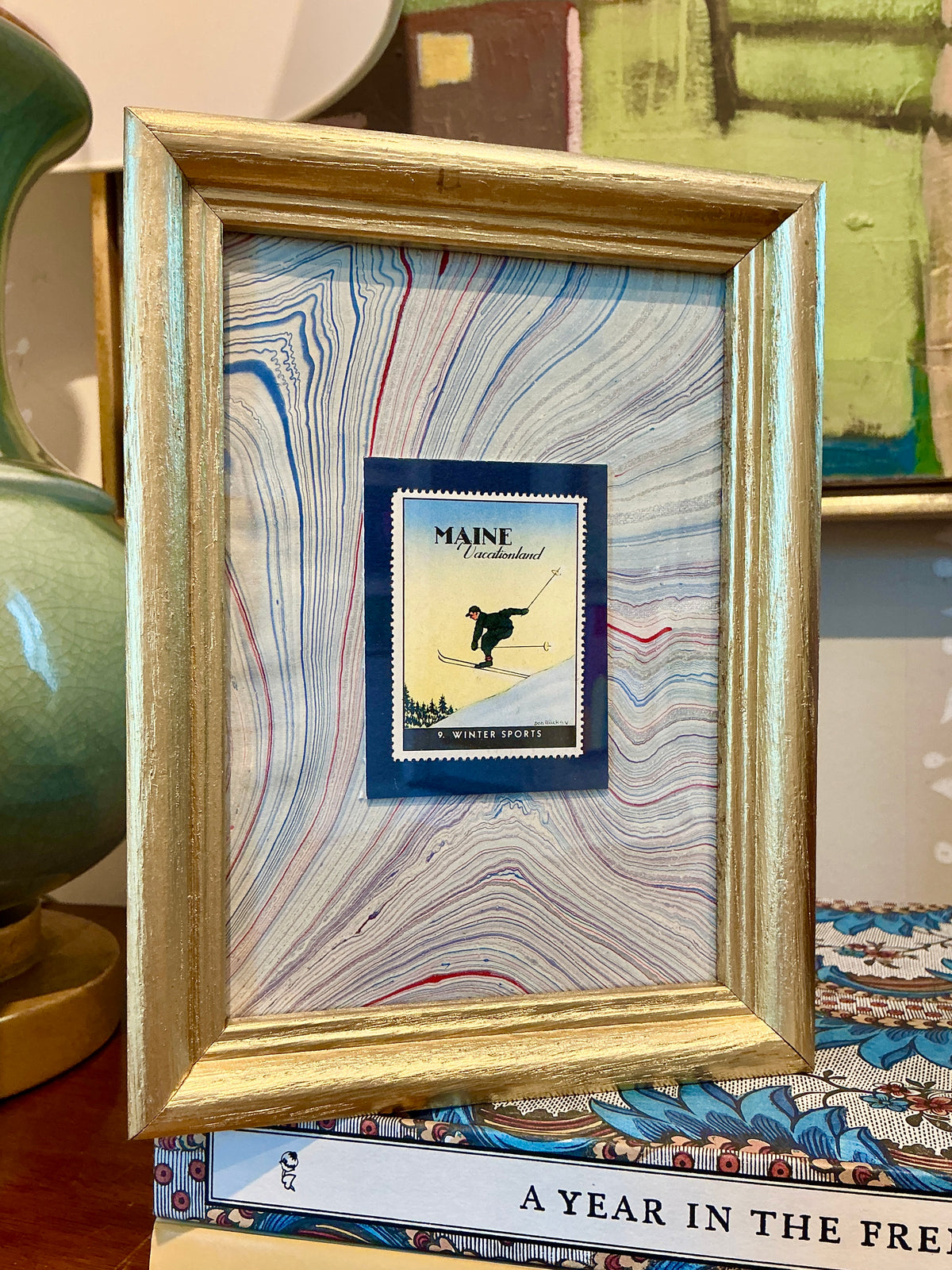 Set of Four 1940 Maine "Vacationland" Stamps on Blue Marbled Mounting in Gold Frames - Set B
