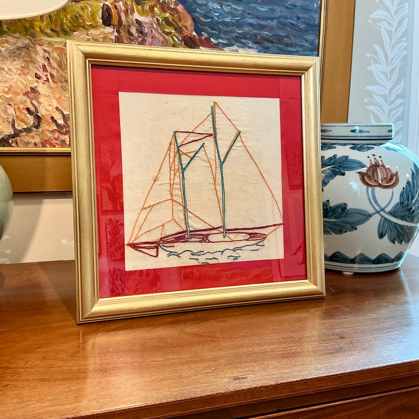 Early 20th Century Sailboat Redwork Embroidery with Red Ribbon in Gold Frame