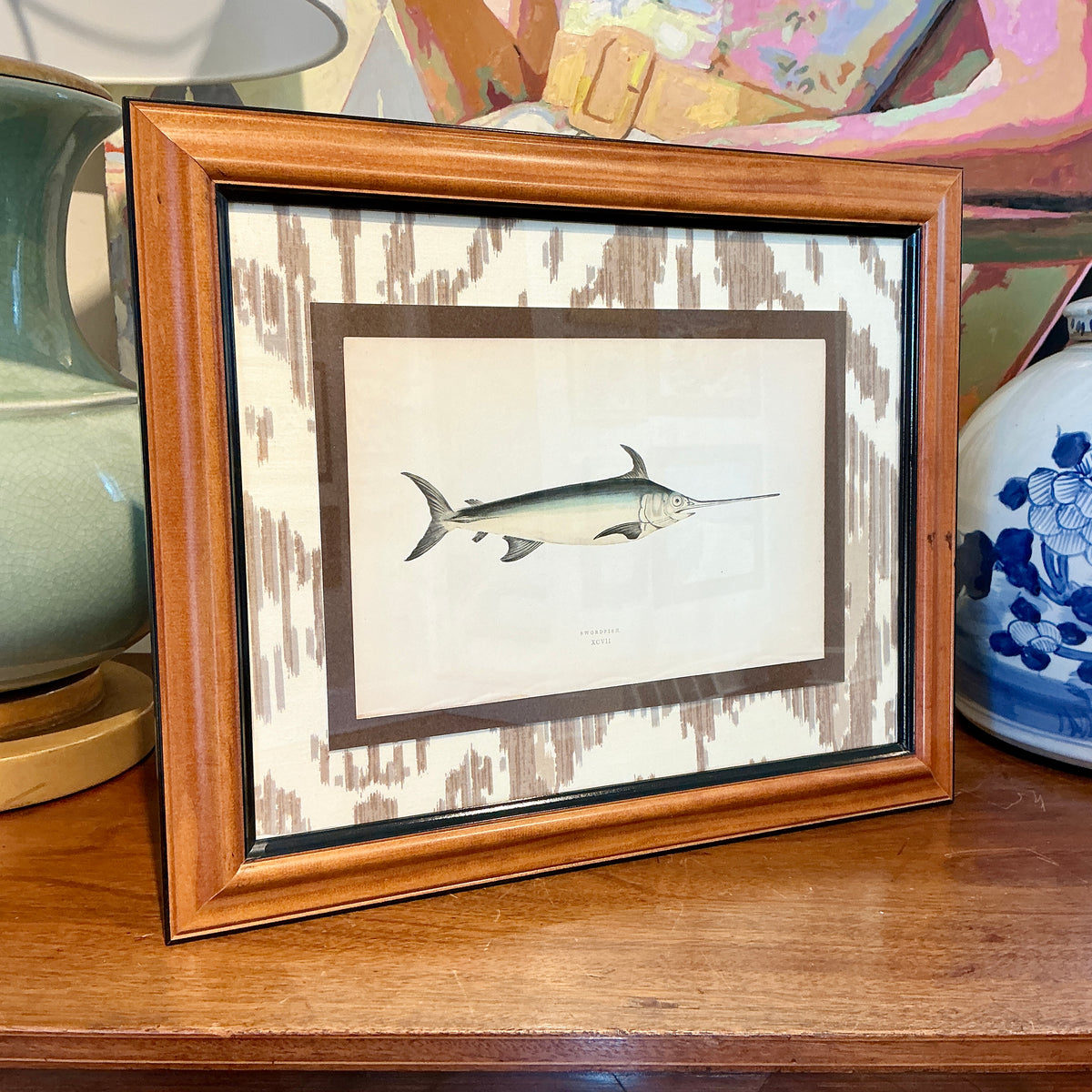 19th Century Hand Colored Swordfish Lithograph on Neutral Ikat Fabric in Wood Frame