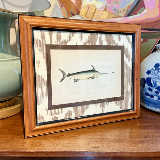 19th Century Hand Colored Swordfish Lithograph on Neutral Ikat Fabric in Wood Frame