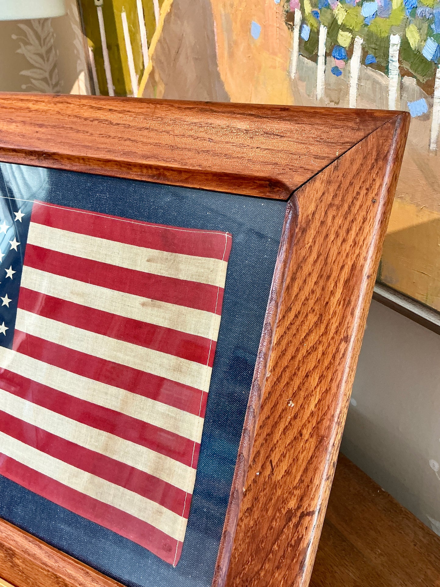 Vintage 50 Star American Flag on Dark Chambray in Antique Oak Frame