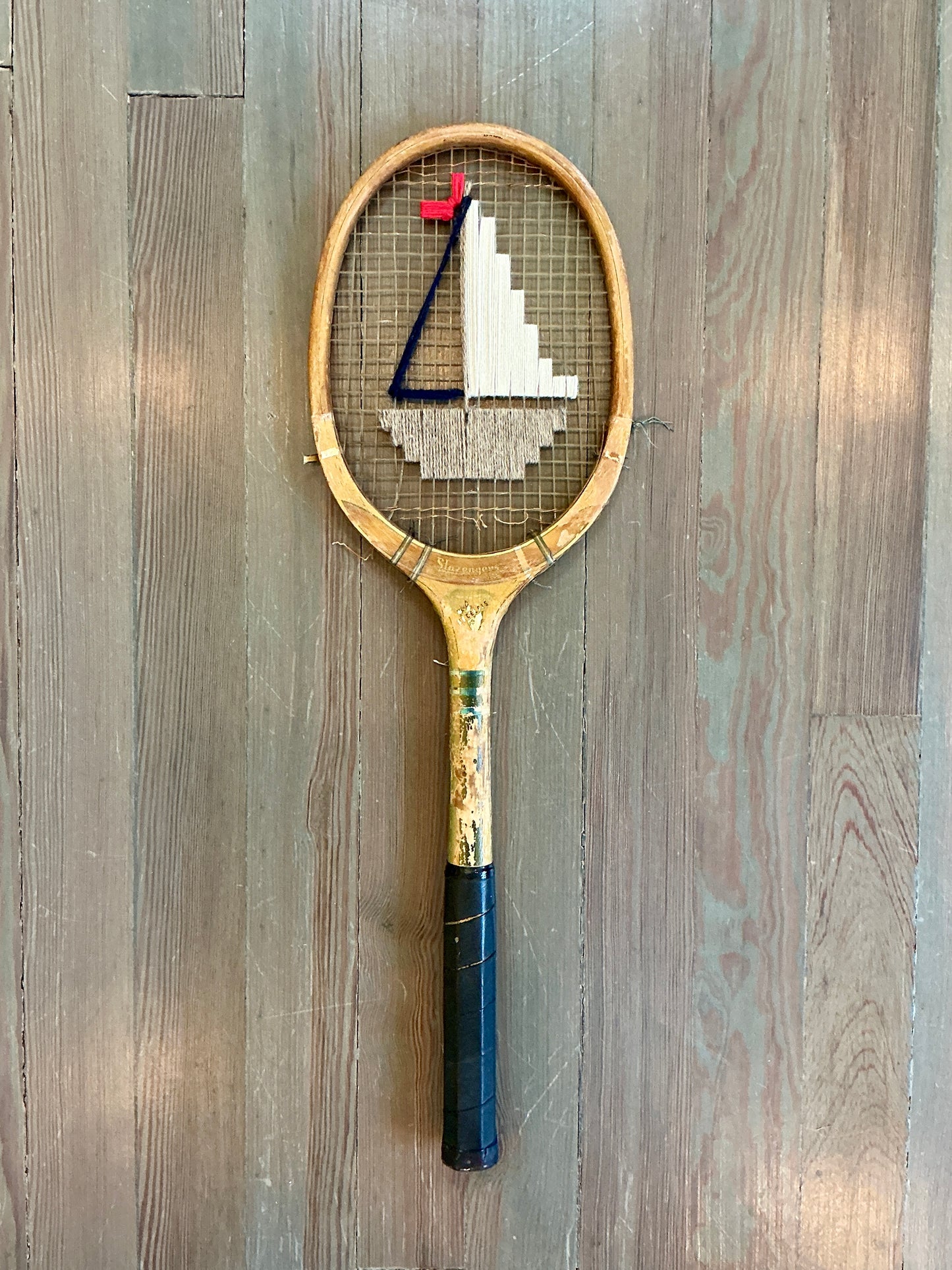 Vintage Embroidered Taupe Sailboat Tennis Racket