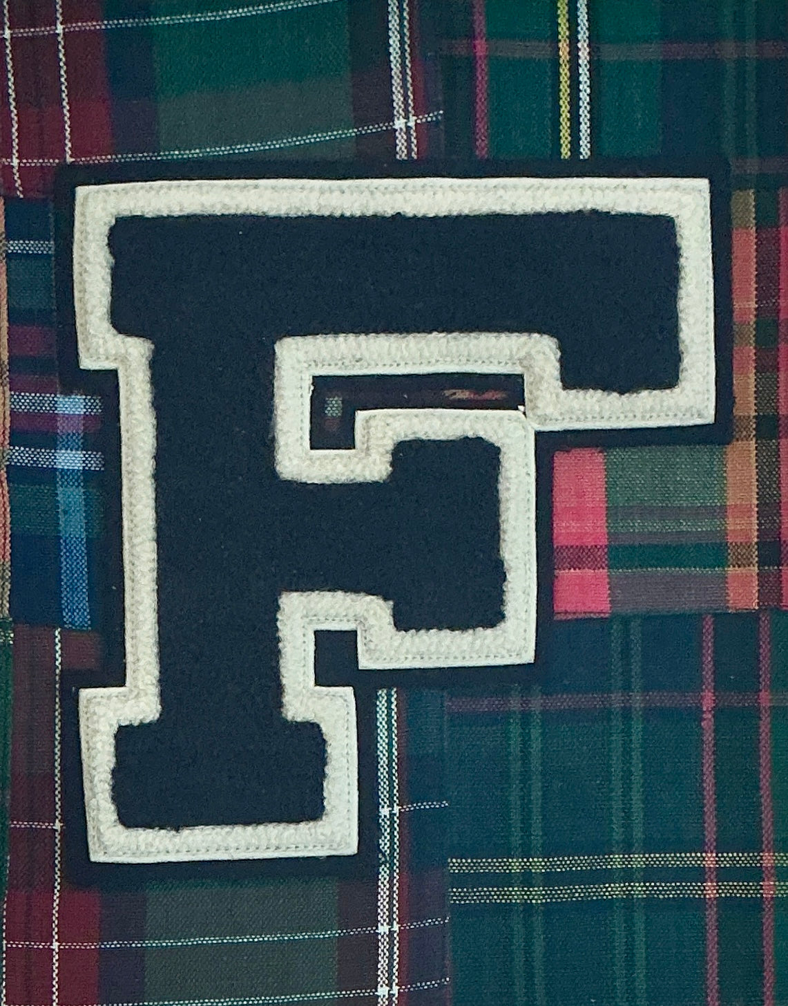 Vintage Varsity Letter Initial F on Madras Patch Fabric in Gold Frame