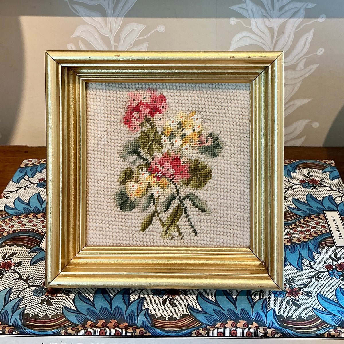 Vintage Floral Needlepoint in Gold Frame