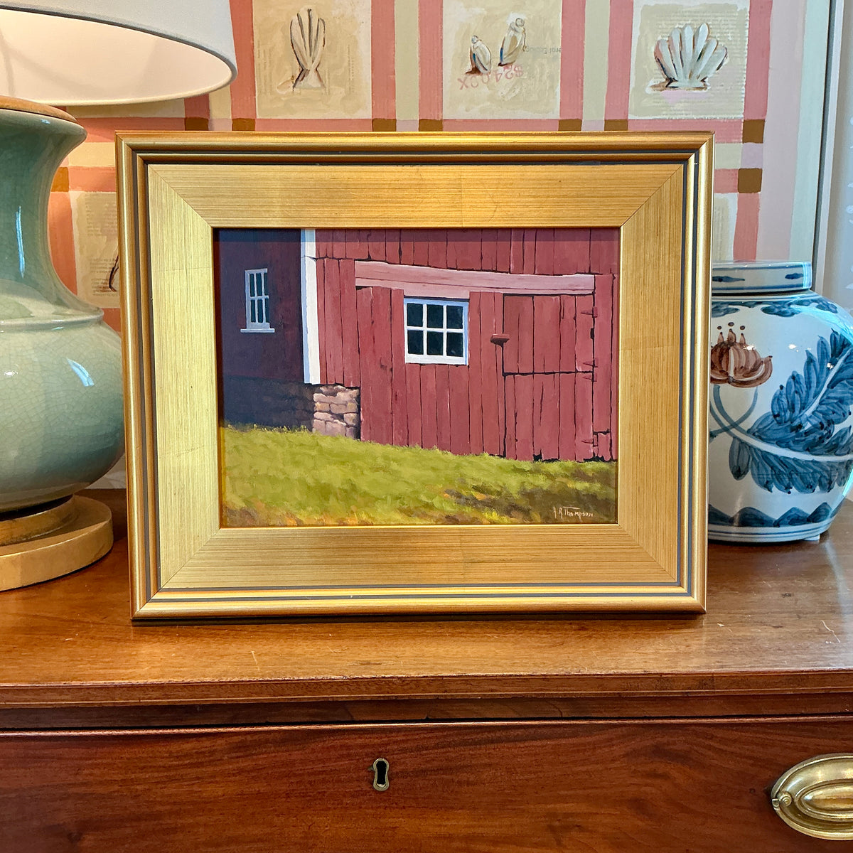 Anthony R. Thompson Barn Mosaic Landscape Oil Painting in Gold Frame