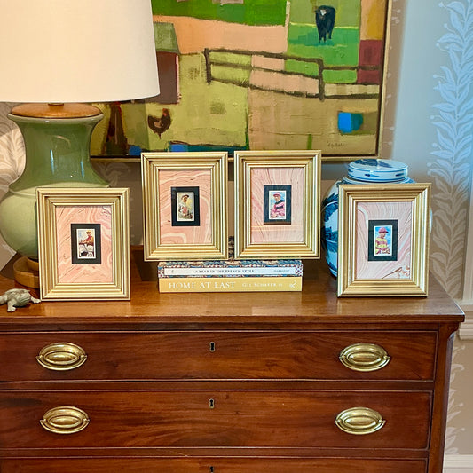 Set of 4 1936 Jockey Tobacco Cards on Pink Hand Marbled Mount in Gold Frames
