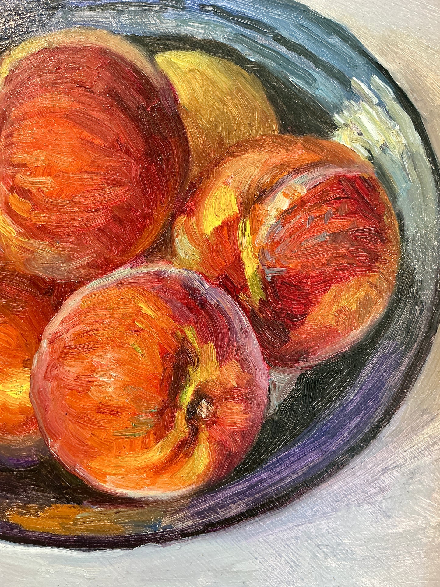 Youqing Wang Peaches in a Blue Bowl Still Life Oil Painting in Gold Frame