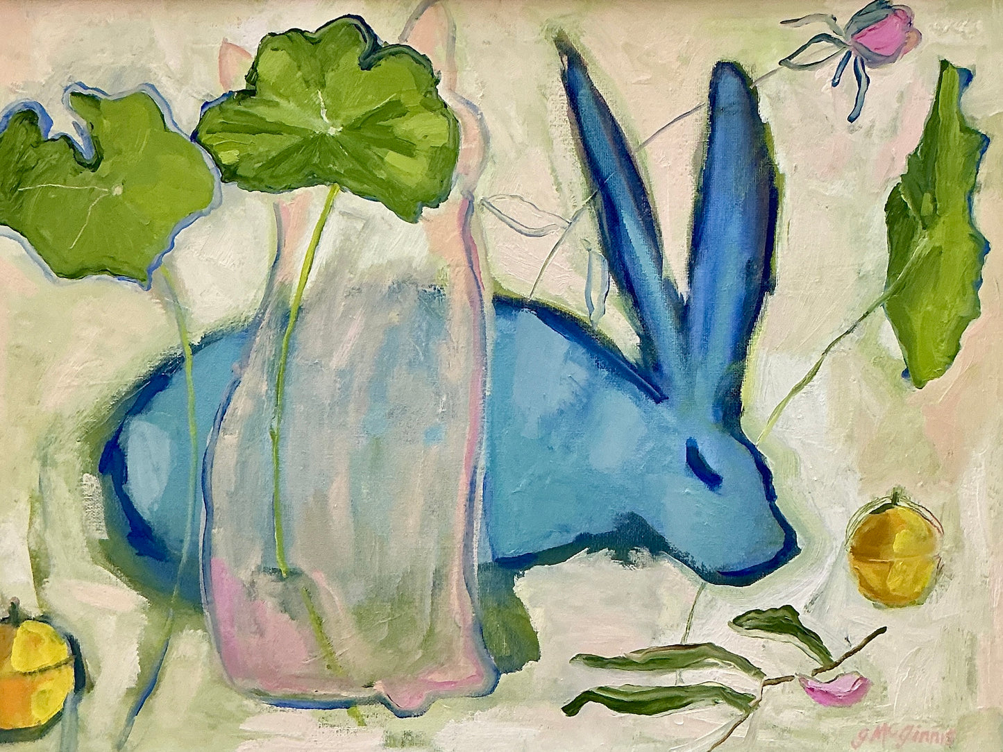 Gretchen McGinnis Summer Blue Rabbits Oil Painting in Ornate Silver Frame