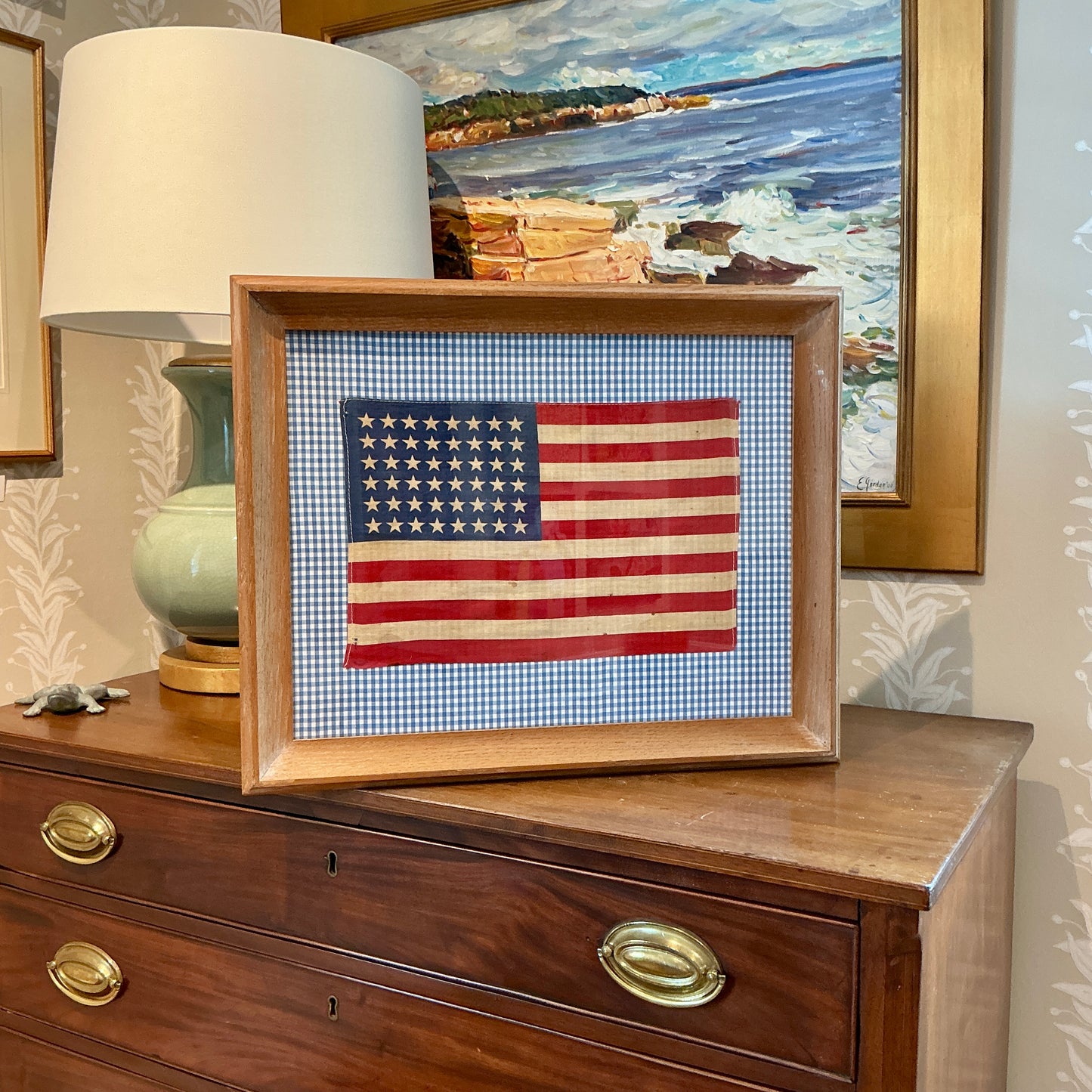 Vintage 48 Star American Flag on Blue Gingham in Wood Frame