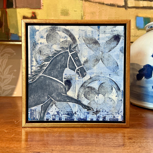 Heather Carey Blue Heritage Horse Portrait Mixed Media in Gold Frame