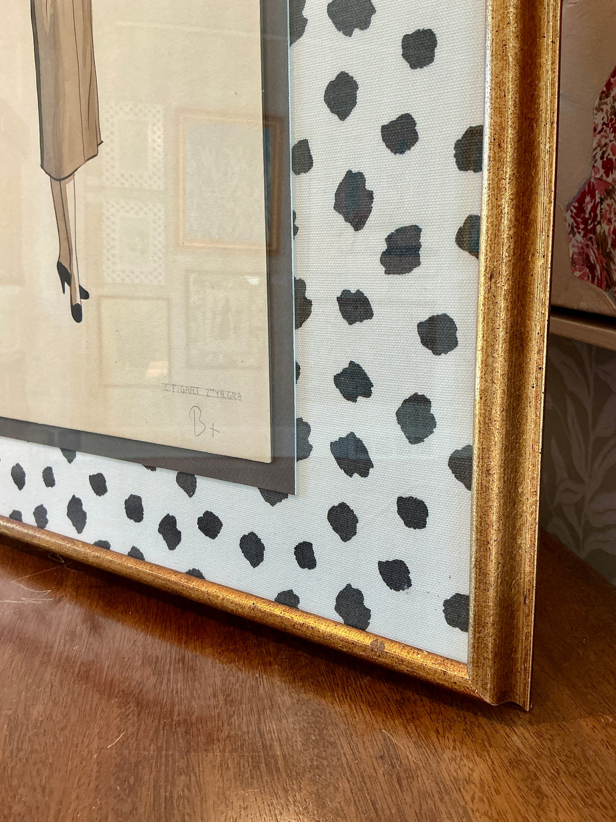 Catherine Figart Vogue Watercolor Fashion Illustration on Black and White Animal Print in Gold Frame