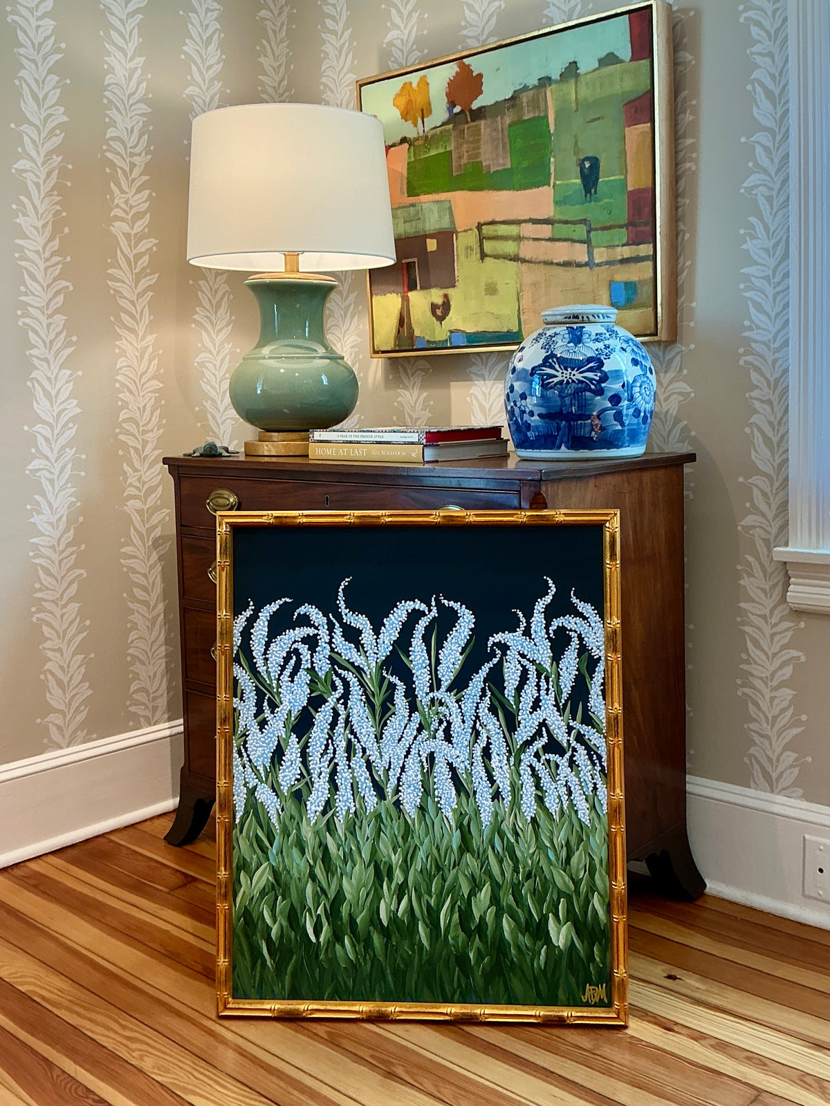 Alison Diamond McElroy Midnight Garden I Abstract Floral Painting in Gold Bamboo Frame
