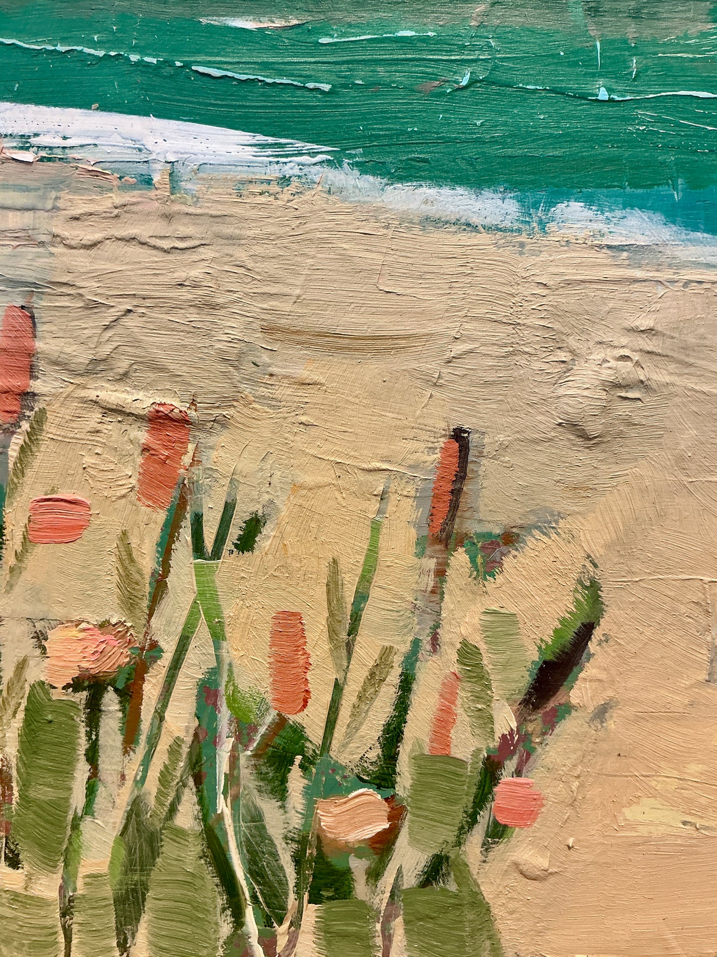 Carol Lesher After Noon Coastal Landscape Oil Painting in Natural Wood Frame