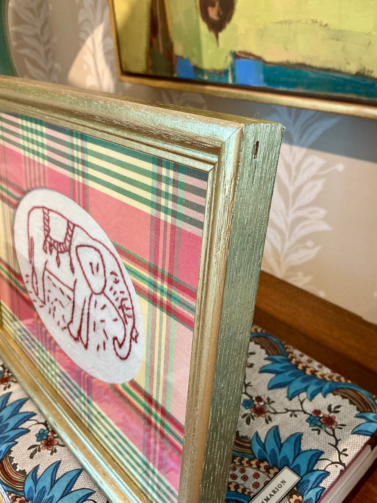 Antique Redwork Elephant Embroidery in Plaid Wrapped Mat in Gold Frame