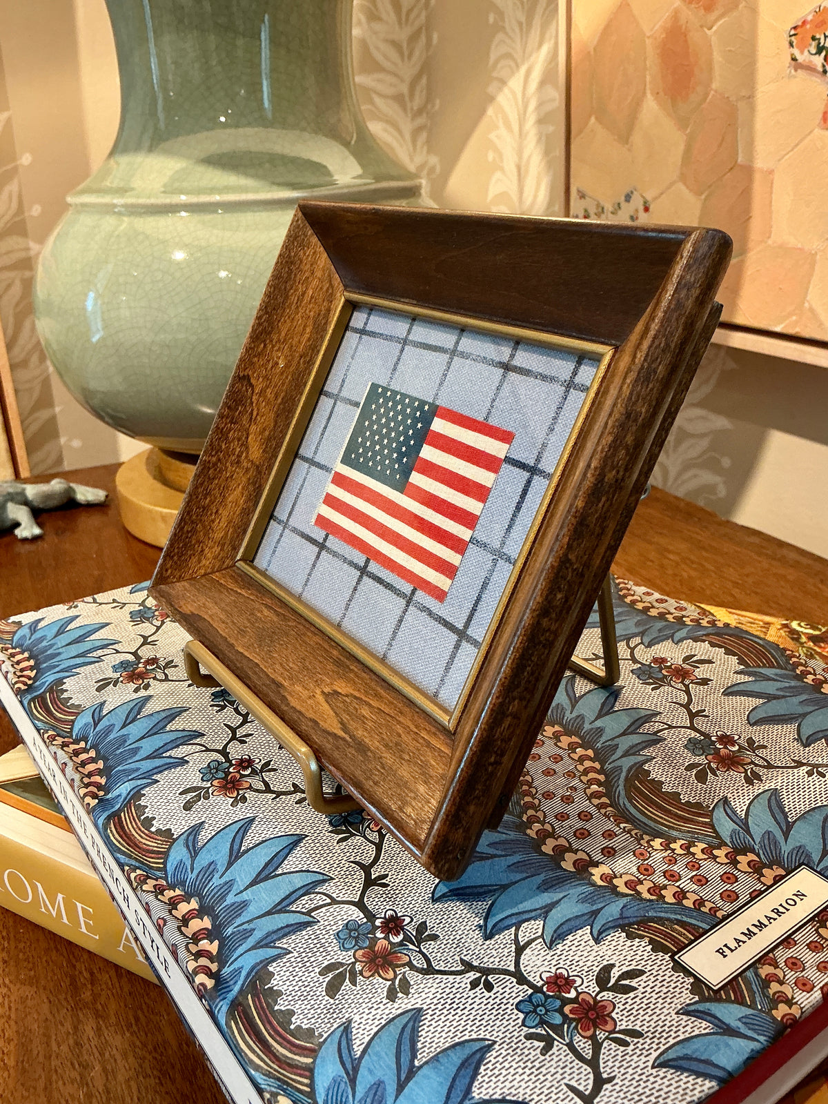 Vintage 50 Star American Parade Flag on Blue Windowpane in Wood Frame with Gilded Liner