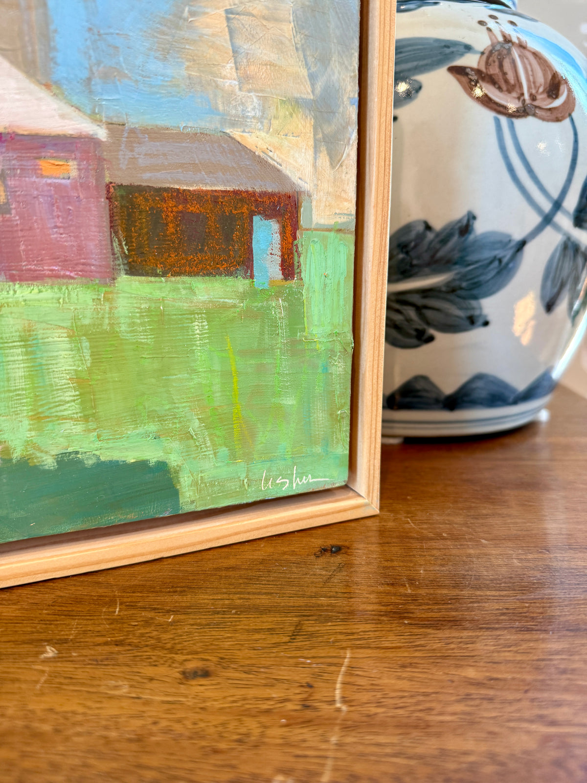 Carol Lesher Sky Bright Landscape Oil Painting in Natural Wood Floater Frame