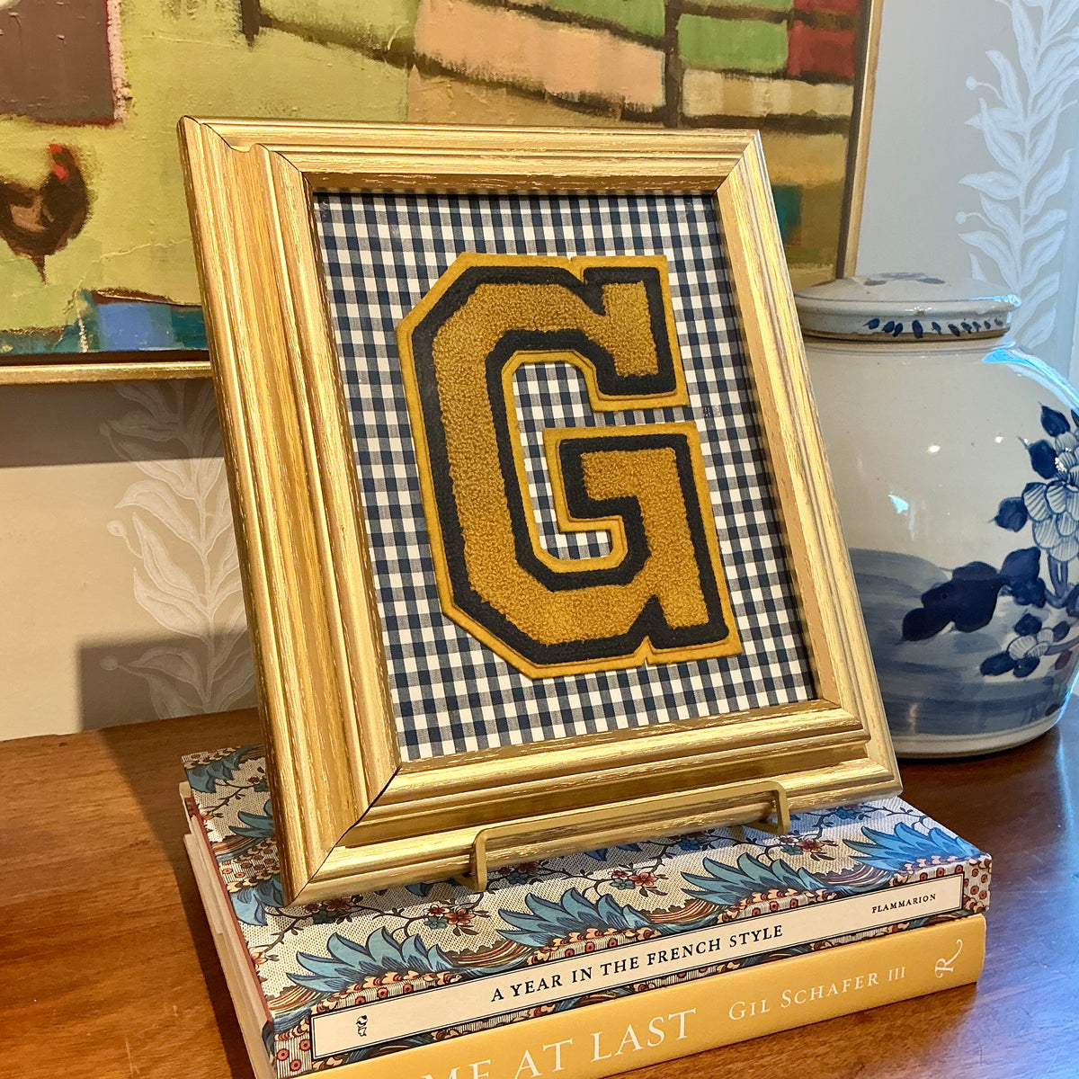 Vintage Varsity Letter Initial "G" on Navy Gingham in Gold Frame