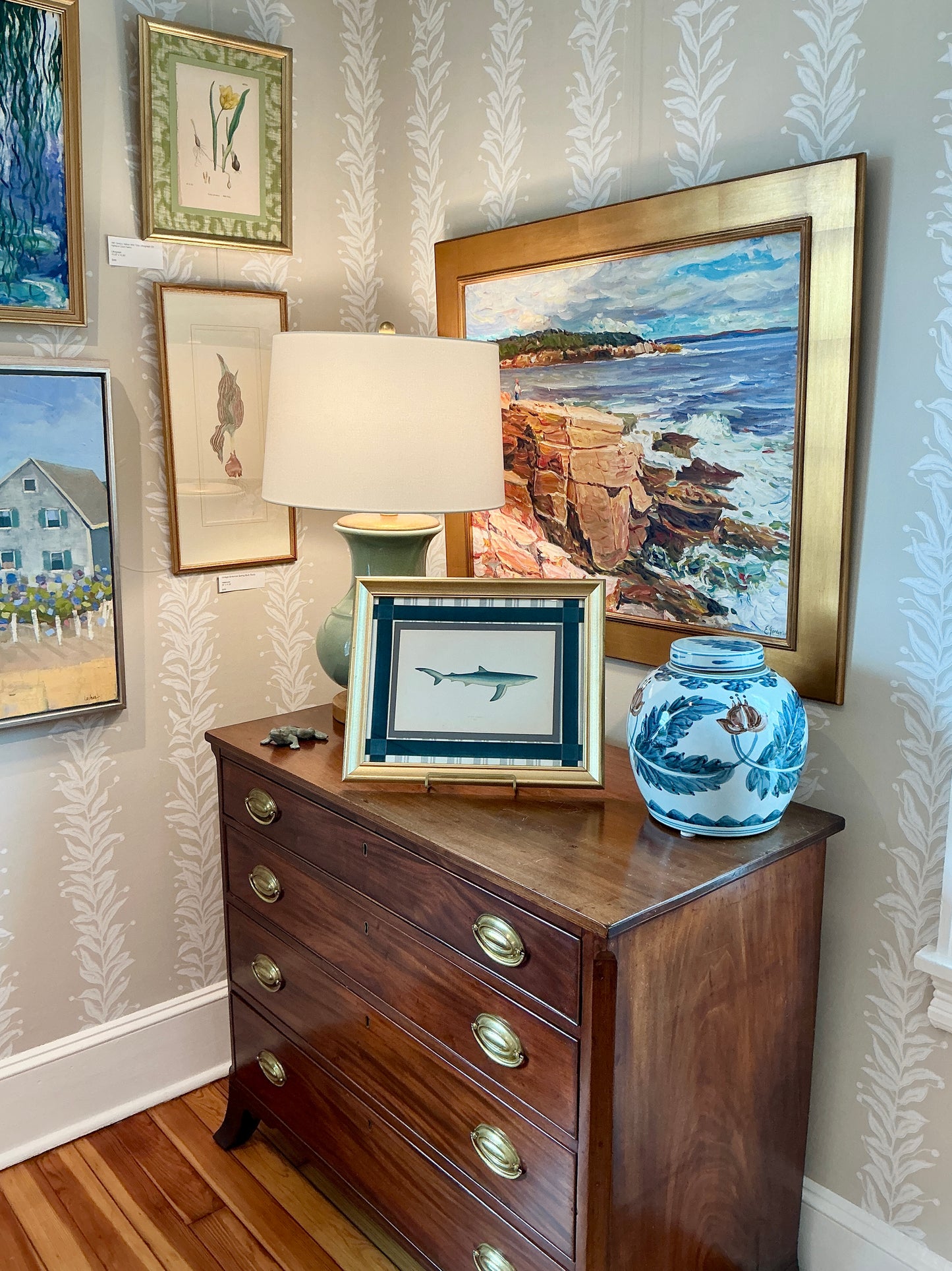 19th Century Hand Colored Blue Shark Lithograph on Miles Reed Schumacher Fabric in Gold Frame