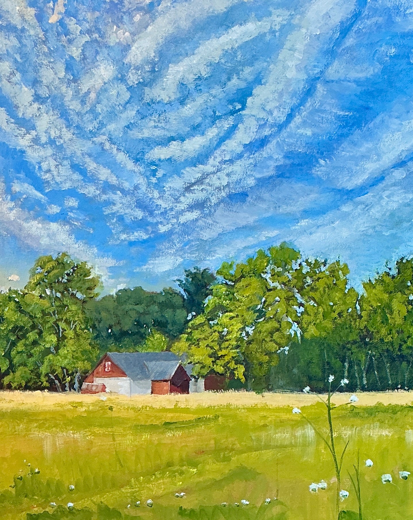 Martin Scherer Summer Barn Landscape Oil Painting in Gold Frame