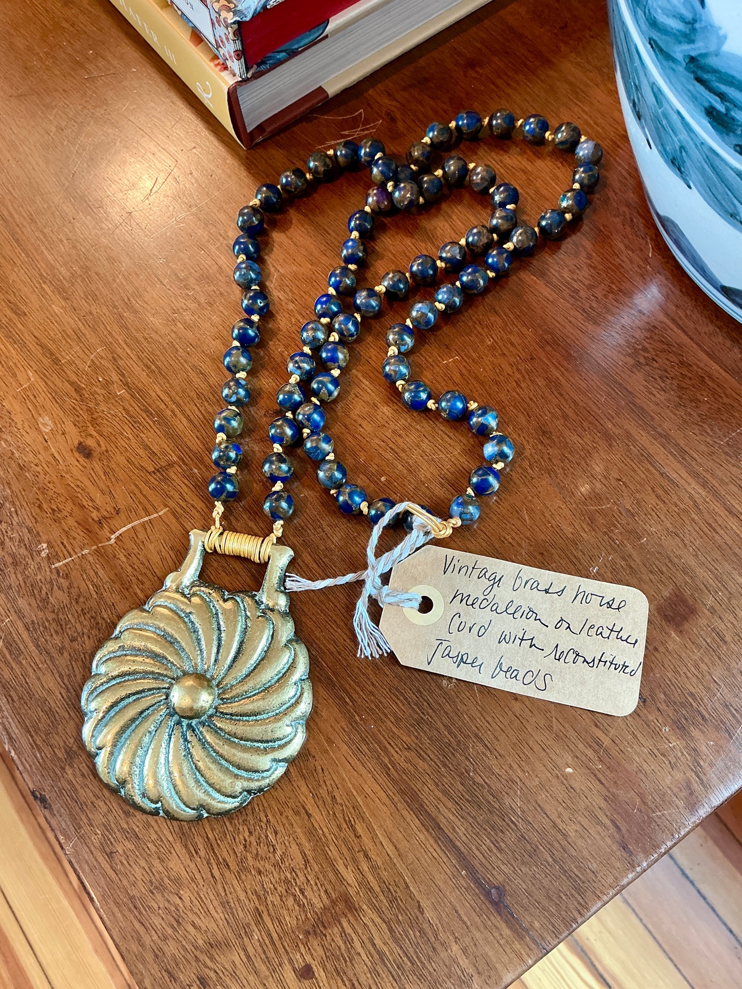 Antique English Horse Brass Floral Medallion Blue Jasper Beaded Hand Knotted Necklace