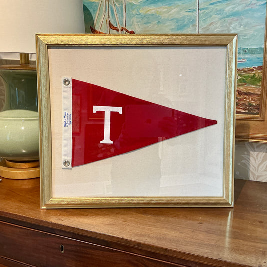 Vintage Red Canvas "T" Burgee Nautical Flag on Ivory Duck Cloth in Gold Frame