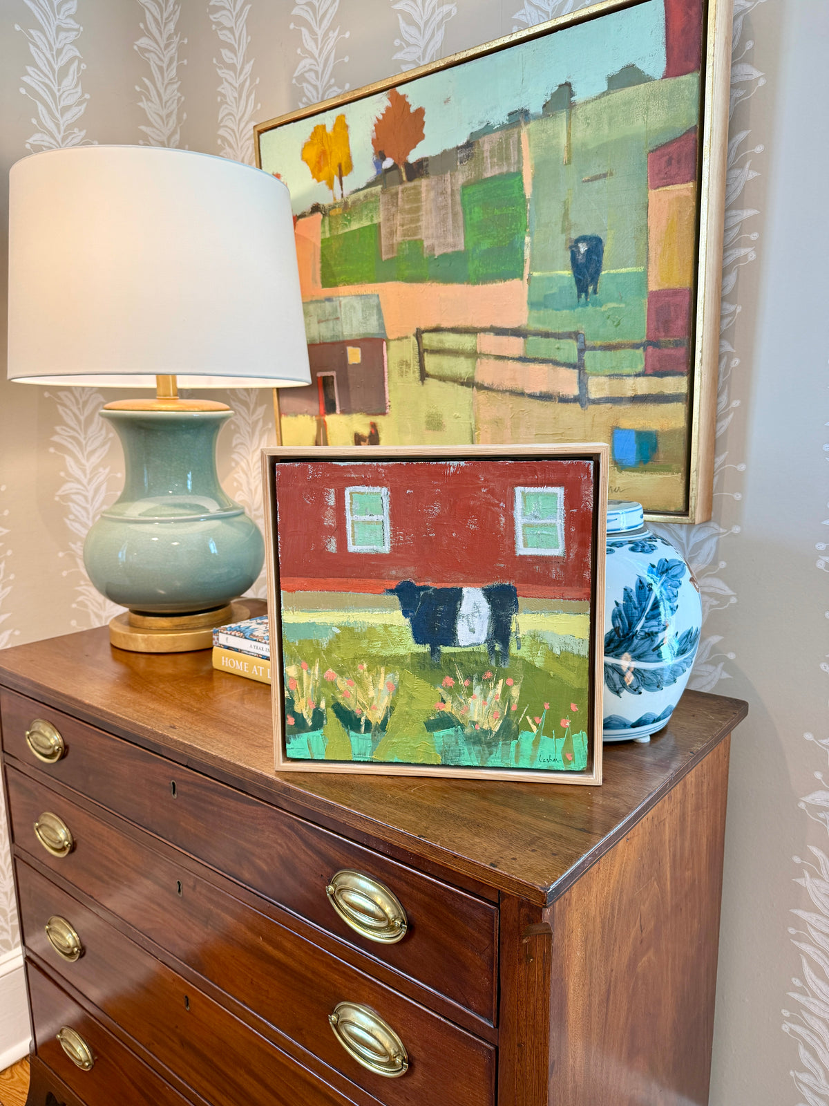 Carol Lesher Oreo Landscape Oil Painting in Natural Wood Floater Frame