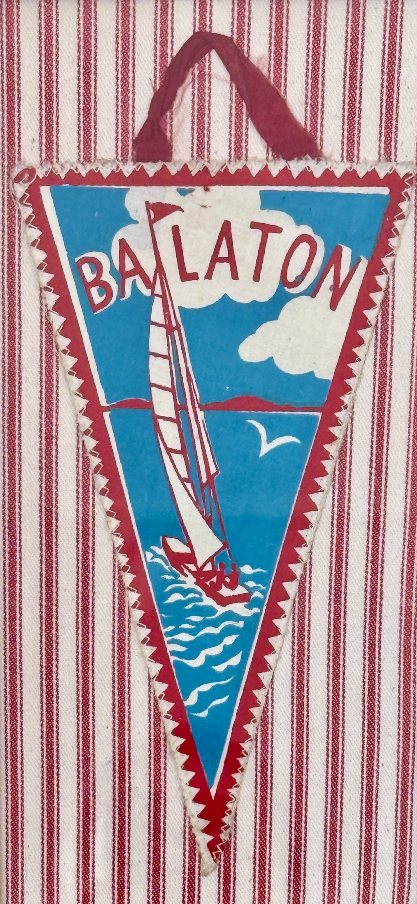 Vintage Mid Century Lake Balaton Pennant on Red Ticking Fabric in Gold Frame