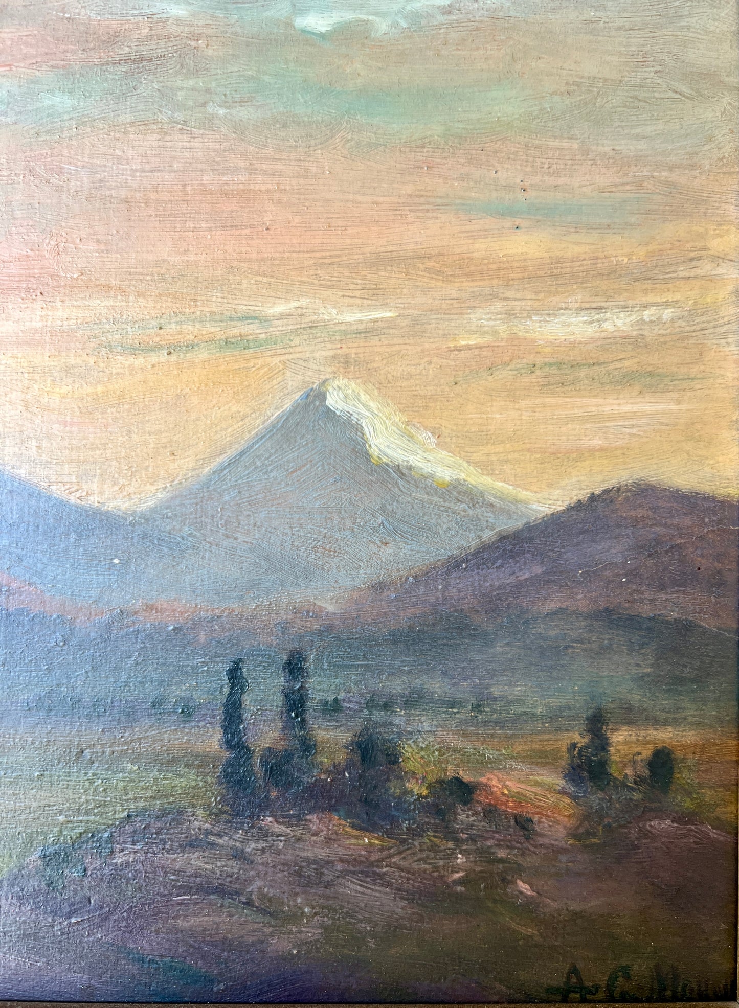Antique American West Mountain Landscape Painting in Dark Gold Wood Frame