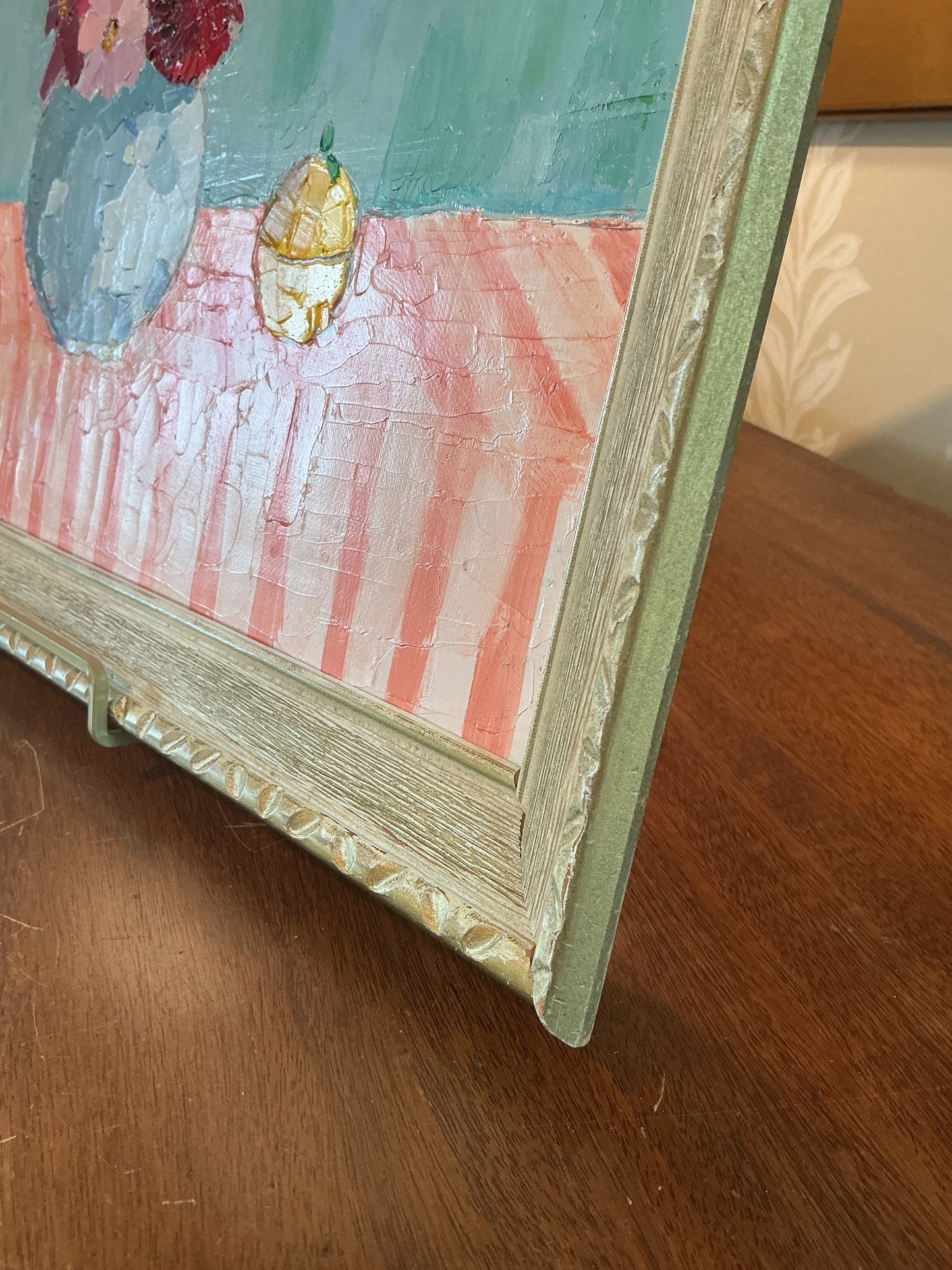 Gretchen McGinnis Bowl Of Peonies In May Still Life Oil Painting in Carved Wood Frame
