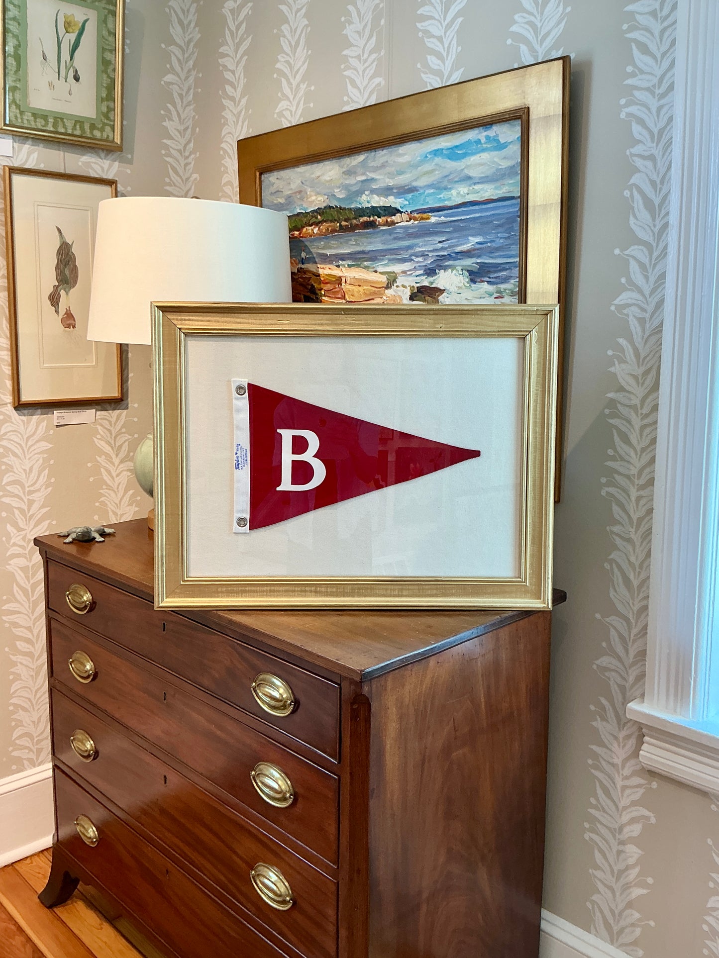 Vintage Red Canvas "B" Burgee Nautical Flag on Ivory Duck Cloth in Gold Frame