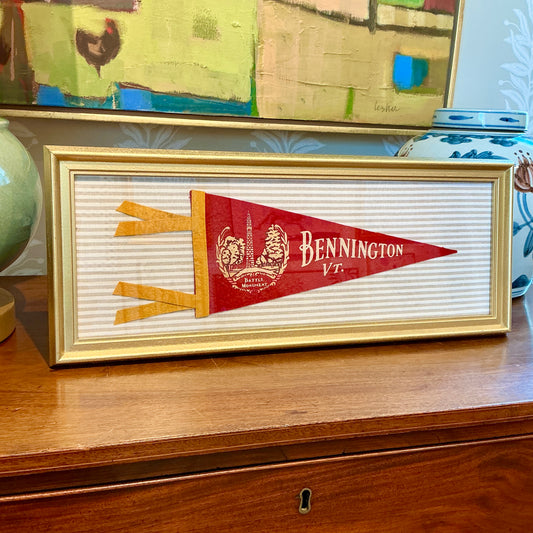 Vintage Bennington Vermont Felt Pennant on Taupe Stripes in Gold Frame