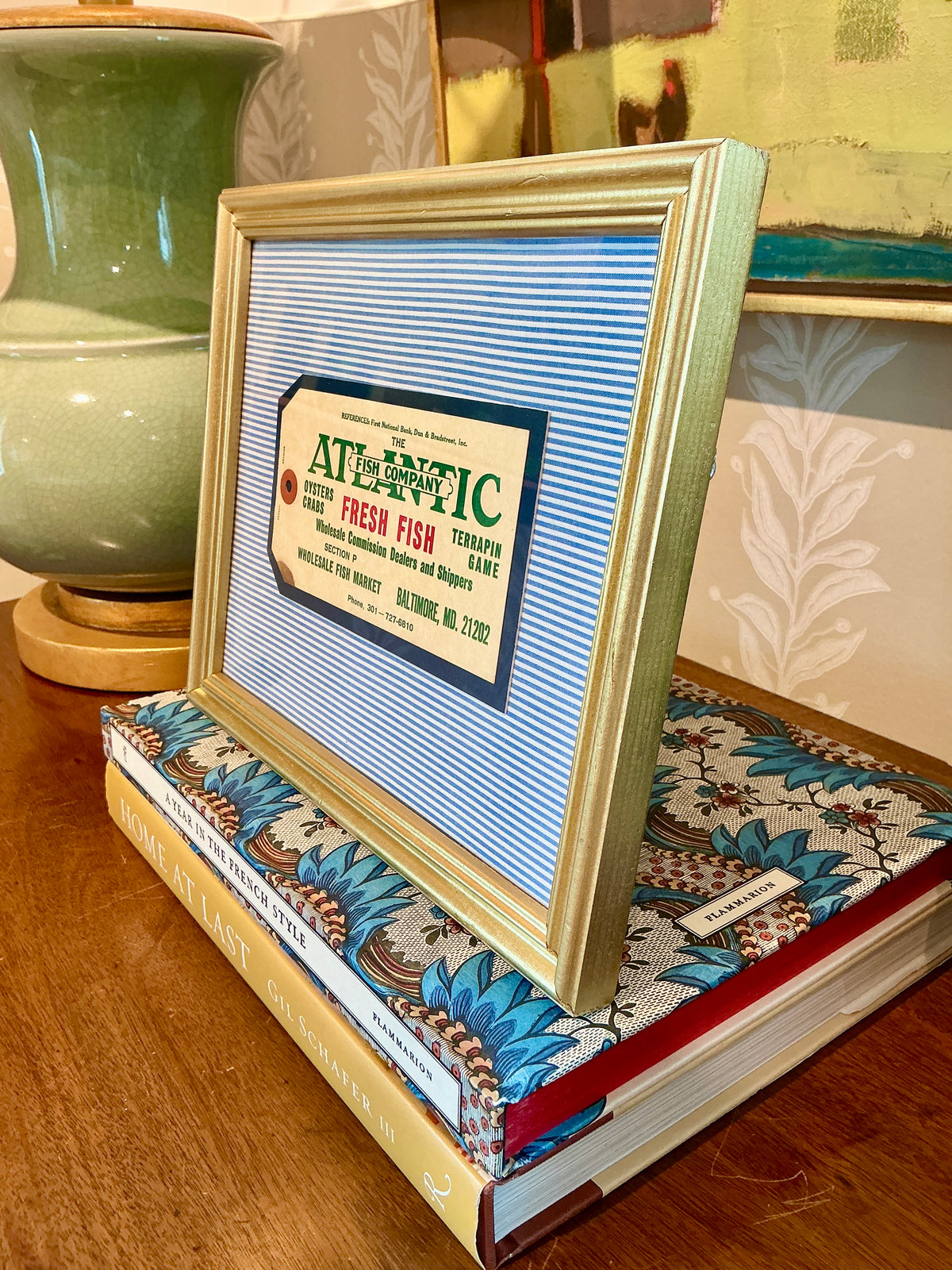 Vintage Fresh Fish Old Baltimore Maryland Fishmonger's Tag on Blue Ticking Stripes in Gold Frame