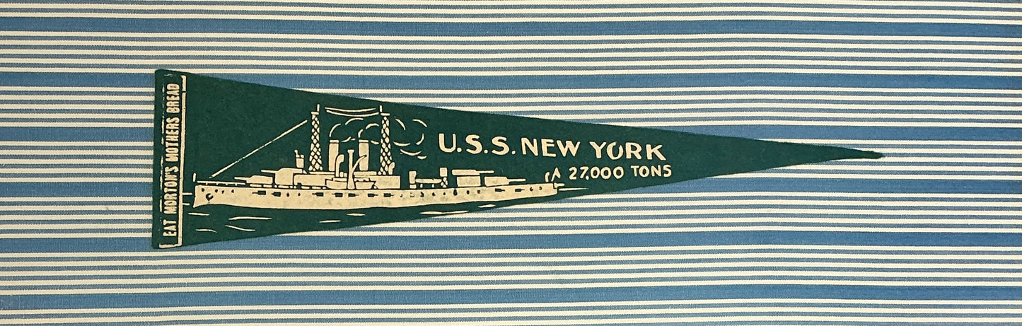 Vintage U.S.S. New York Naval Ship Wool Pennant on Blue Stripes in Gold Frame