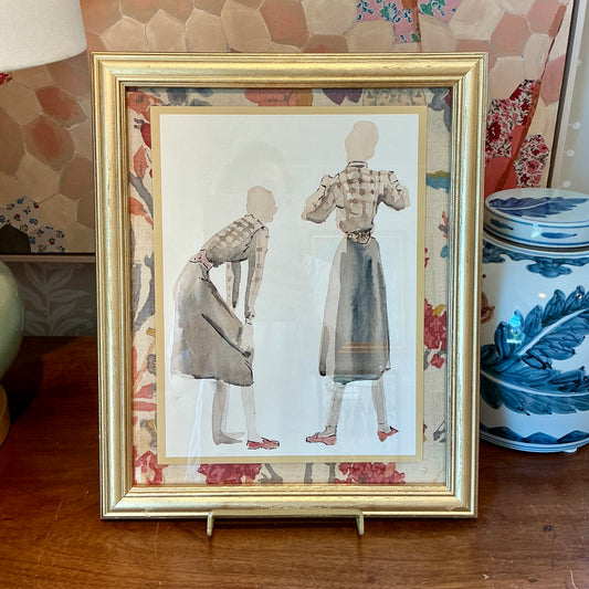 Catherine Figart Vogue Watercolor Fashion Illustration on Vintage Schumacher Floral Fabric in Gold Frame
