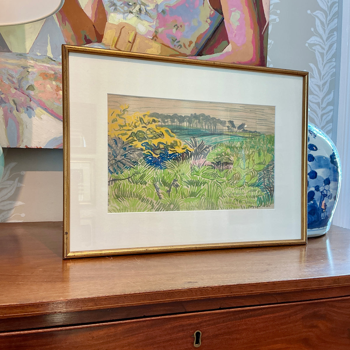 Vintage Landscape Oil Pastel Painting In Gold Frame