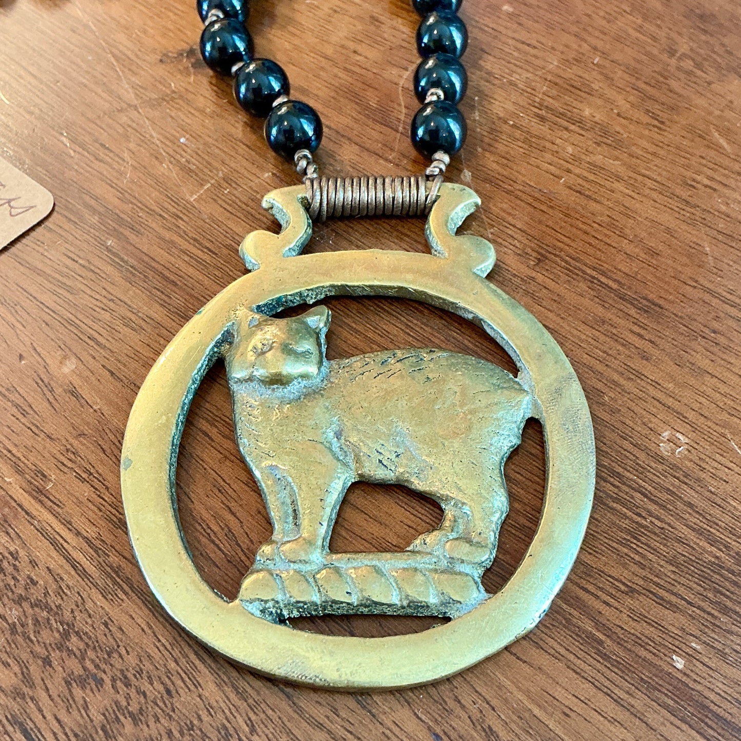 Antique English Horse Brass Cat Medallion Black Jasper Beaded Hand Knotted Necklace