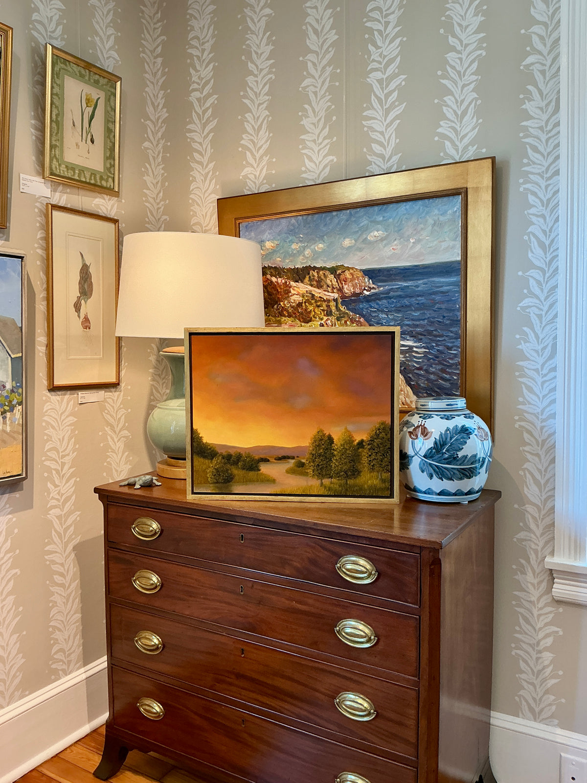 Greg Skol Winding River Psalm Sunset Landscape Oil Painting in Gold Floater Frame