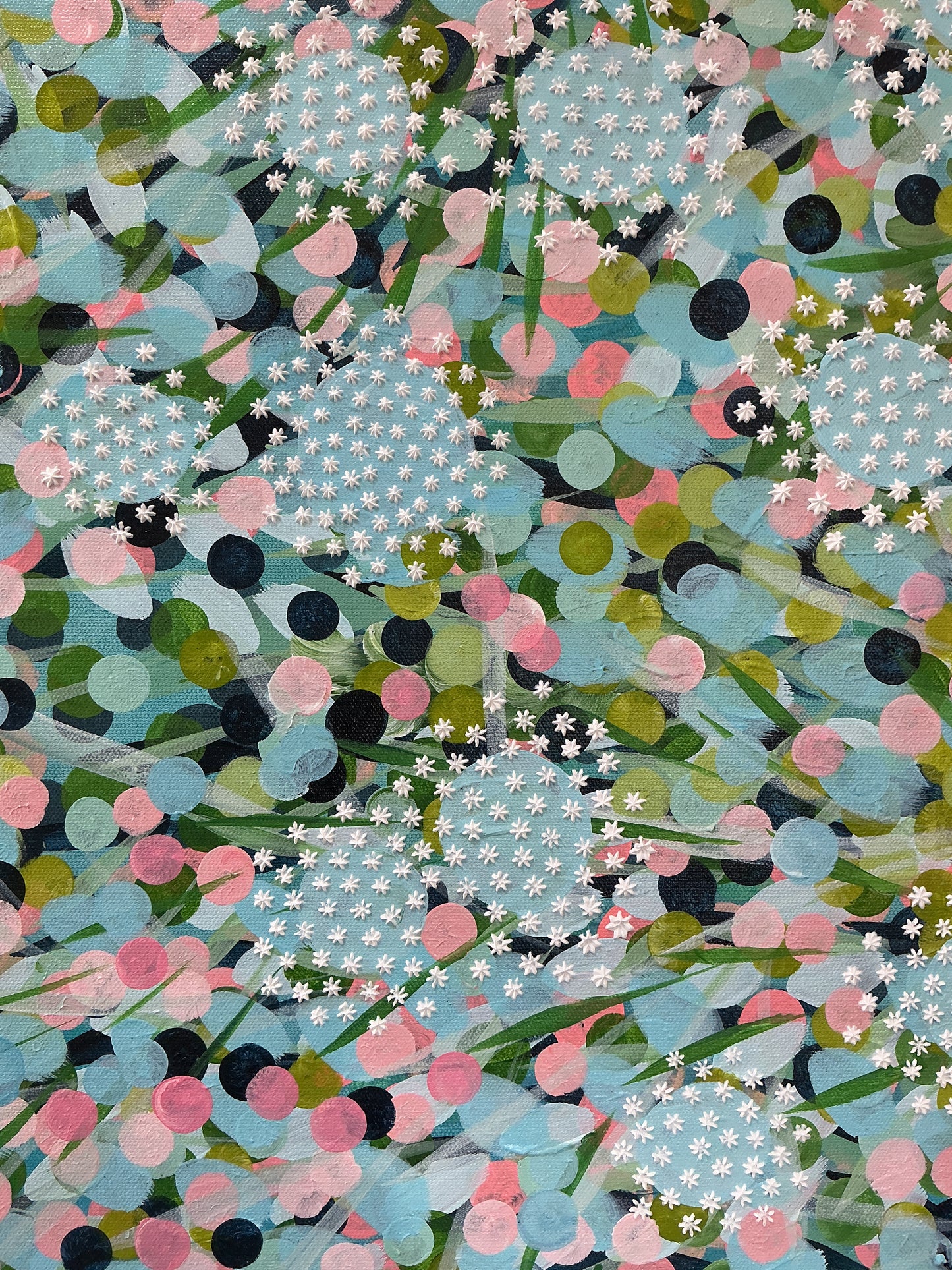 Alison Diamond McElroy Mint Condition Garden Floral Abstract Painting in Gold Floater Frame