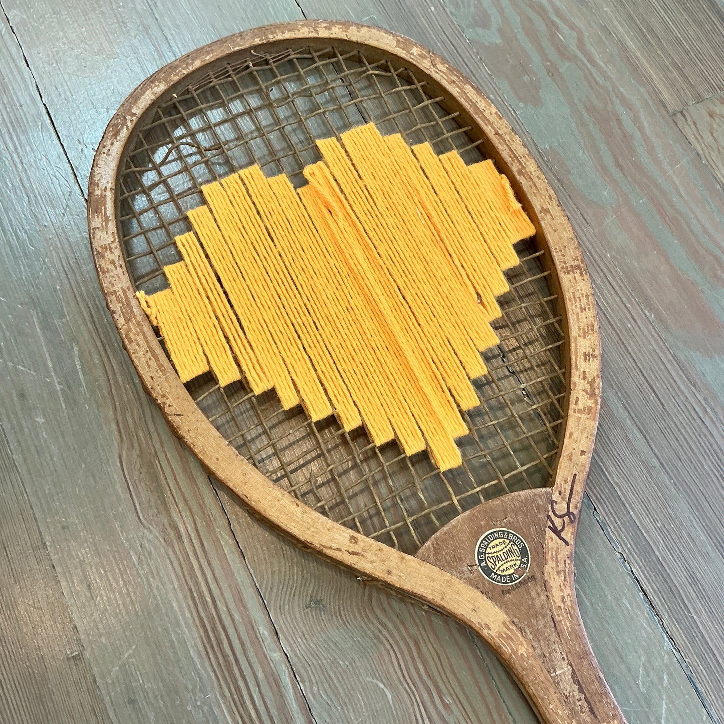 Vintage Embroidered Orange Heart Tennis Racket