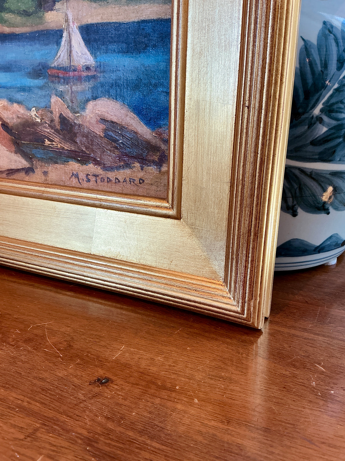 M. Stoddard Rockport, MA Coastal Landscape Oil Painting in Gold Frame