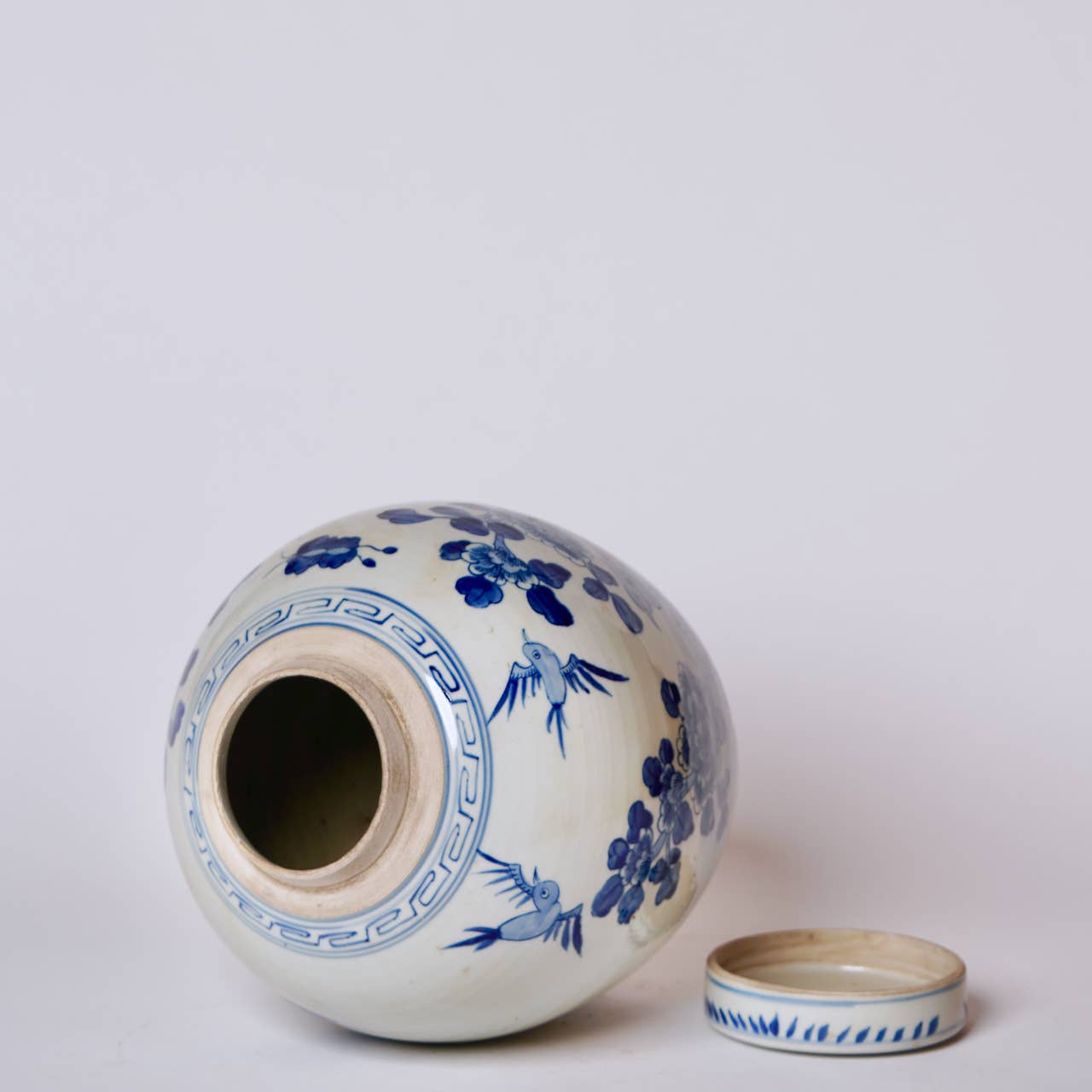 Blue & White Porcelain Bird and Flower Round Storage Jar