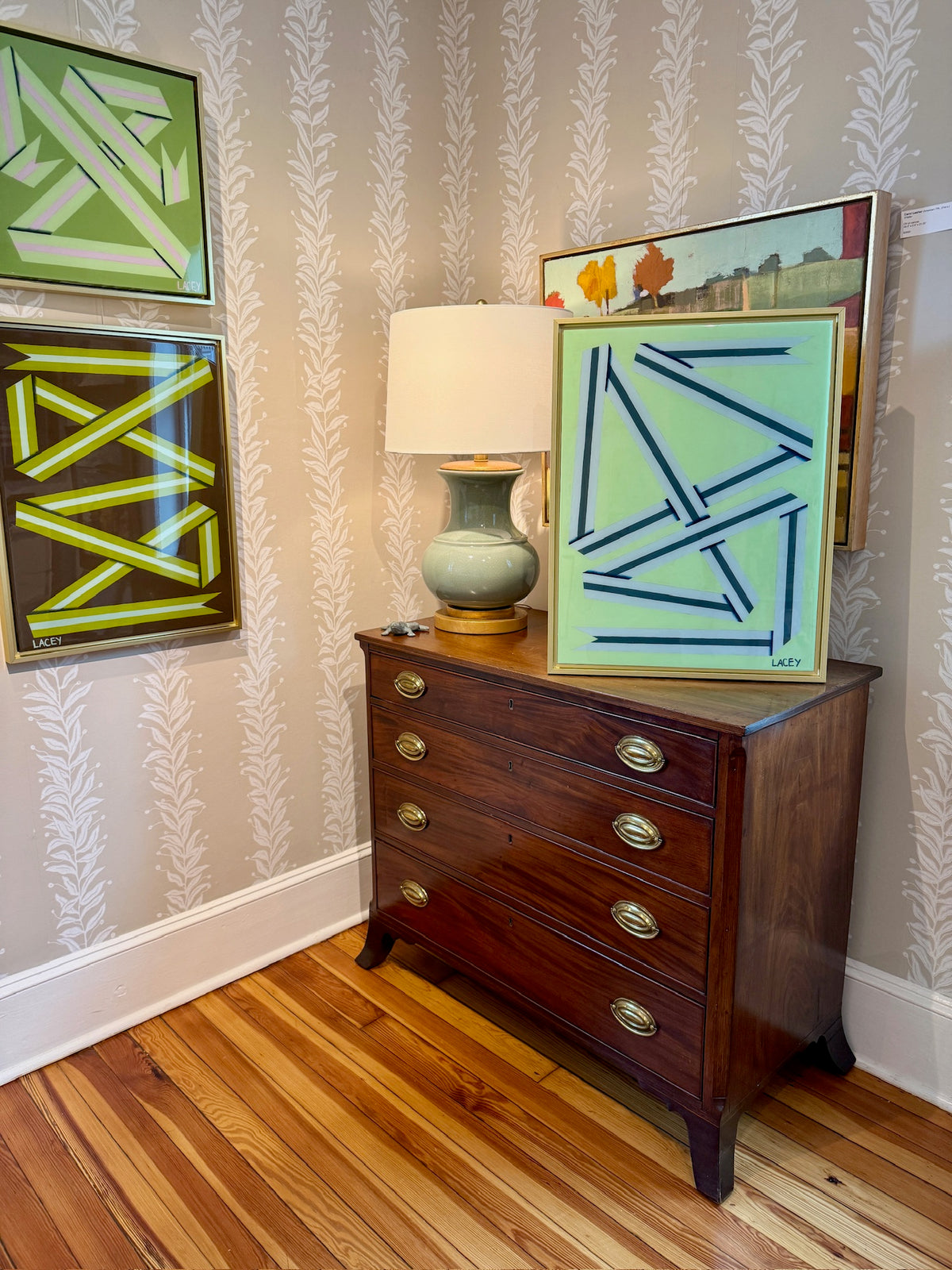 Lacey Craig Hooper Blueberry Ribbon Series Painting in Gold Floater Frame