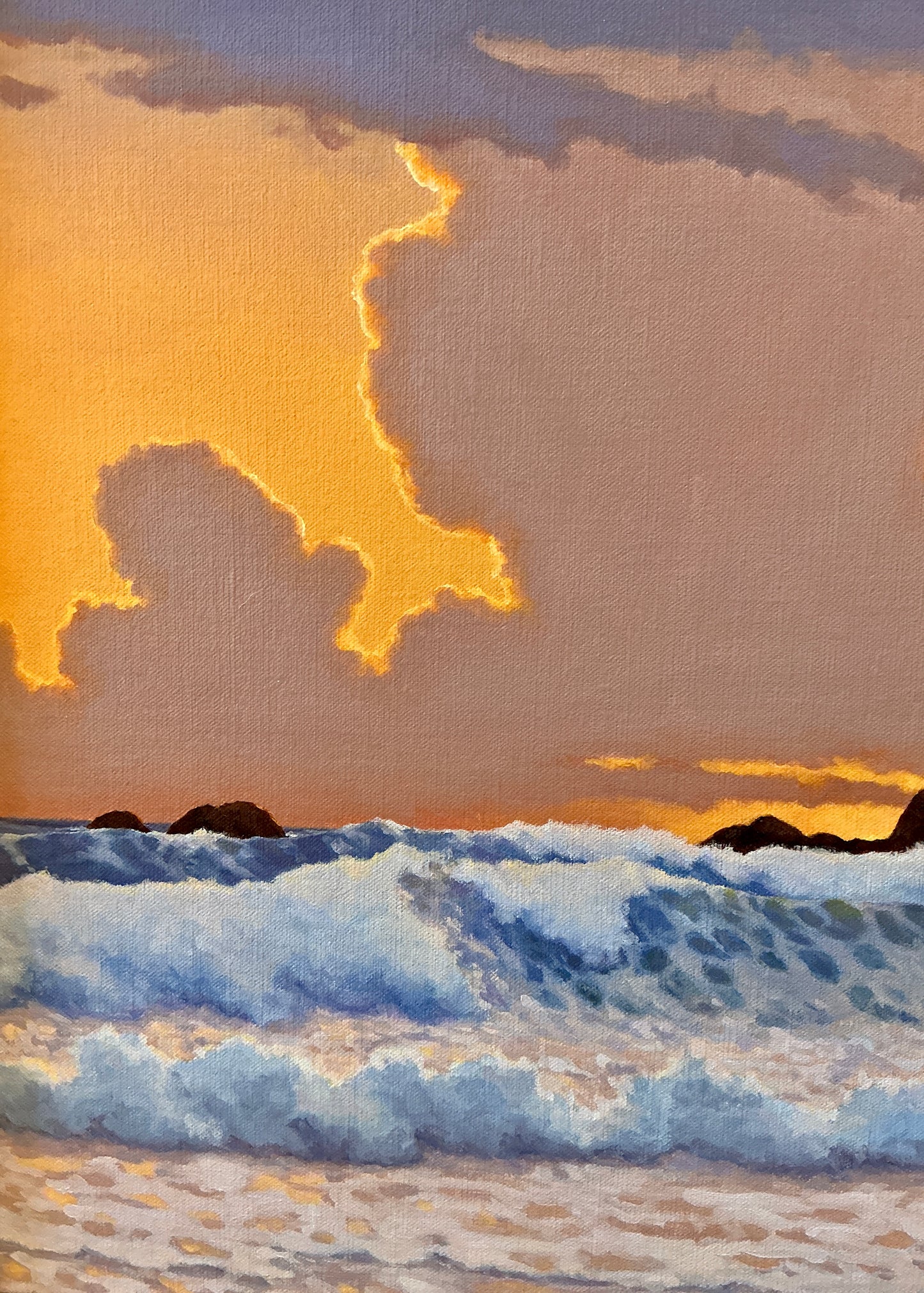 Anthony R. Thompson Sunset Quepos Seascape Oil Painting in Ornate Gold Frame