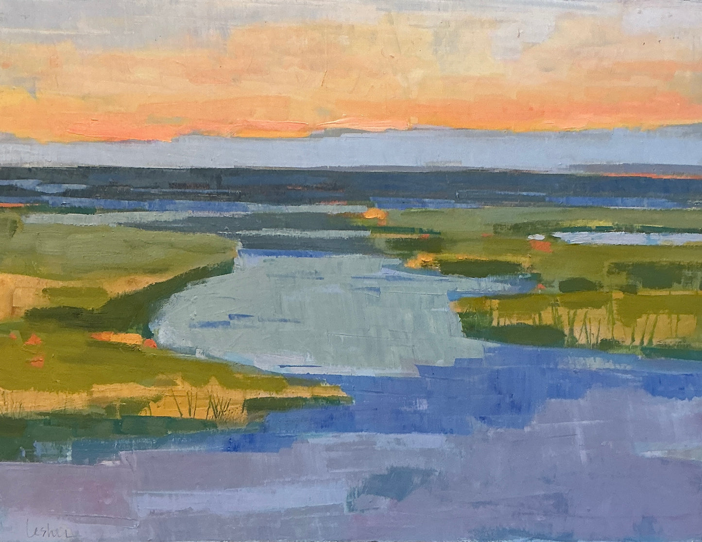Carol Lesher By The Sea Coastal Landscape Oil Painting in Natural Wood Frame